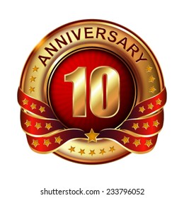 10  years anniversary golden label with ribbon.  Vector illustration. 