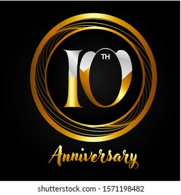 10 years anniversary golden and silver color with circle ring isolated on black background for anniversary celebration event