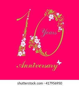 10 years anniversary. Happy birthday card. Celebration background with number ten and place for your text. Vector illustration