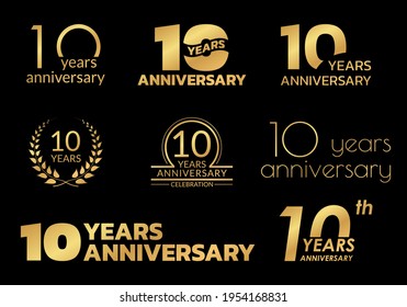 10 years anniversary icon or logo set. 10th birthday celebration golden badge or label for invitation card, jubilee design. Vector illustration.