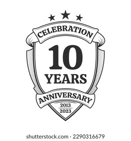 10 years anniversary icon or logo. 10th yubilee celebration, business company birthday badge or label. Vintage banner with shield and ribbon. Wedding, invitation design element. Vector illustration.