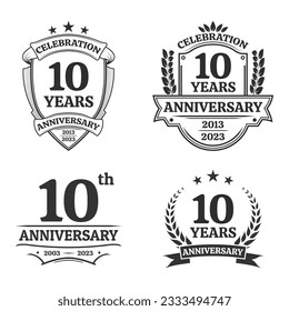 10 years anniversary icon or logo set. Vintage birthday banner design. 10th anniversary jubilee celebration badge or label collection. Vector illustration.