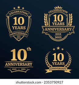 10 years anniversary icon or logo set. Vintage birthday banner design. 10th anniversary jubilee celebration golden badge or label collection. Vector illustration.