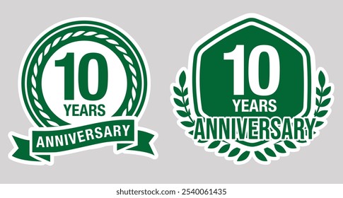 10 years anniversary icon or logo set. Vintage birthday banner design. 10th anniversary jubilee celebration badge or label collection. Vector illustration.