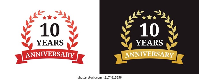 10 years anniversary icon vector. Number 10 in golden laurel wreath and ribbon symbol illustration.