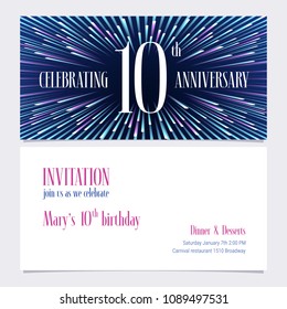 10 years anniversary invitation vector illustration. Design element with bright abstract background for 10th birthday card, party invite 