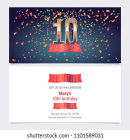 10 years anniversary invitation vector illustration. Graphic design template with golden number for 10th anniversary party or dinner invite 