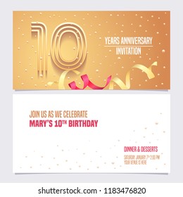 10 years anniversary invitation vector illustration. Design element with golden abstract background for 10th birthday card, party invite 