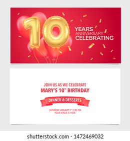 10 years anniversary invitation vector illustration. Design template card, party invite with air balloon digit for 10th birthday 
