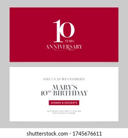 10 years anniversary invitation vector illustration. Graphic design double-sided template for 10th anniversary party invite