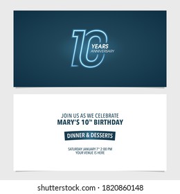 10 years anniversary invitation vector illustration. Template  design element for 10th birthday card, party invite