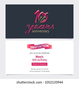 10 years anniversary invite vector illustration. Graphic design element for 10th birthday card, party invitation 