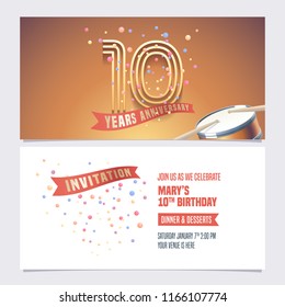 10 years anniversary invite vector illustration. Design element for 10th birthday card, party invitation with festive background 