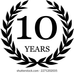 10  years anniversary laurel wreath icon, black and white