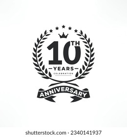 10 years anniversary logo emblem. 10th years Celebrating Anniversary Logo. 10 years anniversary celebration logo design with decorative ribbon or banner