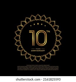 10 years anniversary logo with golden color and laurel, isolated on black background for booklet, leaflet, magazine, brochure poster, banner, web, invitation or greeting card. Vector illustrations.