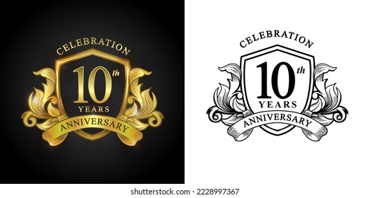 10 years anniversary logo with golden shield and ribbon for booklet, leaflet, magazine, brochure poster, banner, web, invitation or greeting card. Vector illustrations.