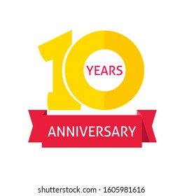 10 years anniversary logo with red ribbon vector icon, flat 10th year birthday party sign or label isolated on white