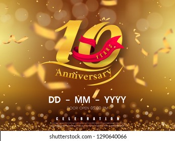 10 years anniversary logo template on gold background. 10th celebrating golden numbers with red ribbon vector and confetti isolated design elements