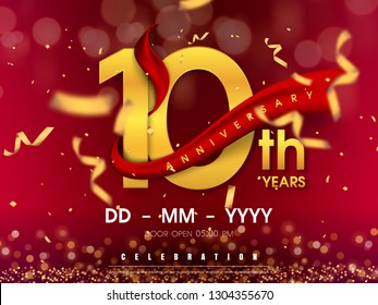 10 years anniversary logo template on gold background. 10th celebrating golden numbers with red ribbon vector and confetti isolated design elements