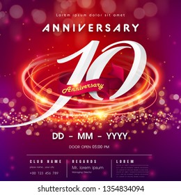 10 years anniversary logo template on red and pink Abstract futuristic background. 10th modern technology design celebrating numbers with Hi-tech network digital technology concept design elements