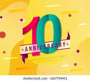 10 years anniversary logo template on yellow Abstract modern background. 10th modern background design celebrating numbers with colorful background concept design elements.