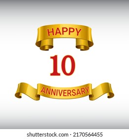 10 years anniversary logo template. Red numbers with golden ribbon.