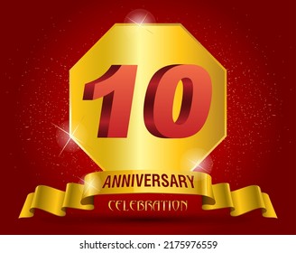  10 Jahre Jubiläum Logo-Vorlage. Rote Zahlen mit goldenem Band.