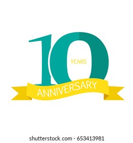 10 years anniversary logo template with shadow on blue color rosette and number, 10th anniversary icon label with ribbon, ten year birthday symbol isolated on white background