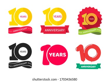 10 years anniversary logo vector icon or 10th year birthday symbol collection flat cartoon, ten birthday party pictograms set isolated on white background