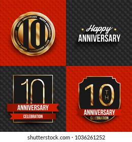 10 years anniversary logos on red and black backgrounds. Vector illustration.
