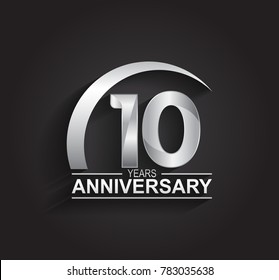 10 years anniversary logotype design with silver color isolated on black background for company celebration