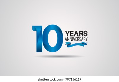 10 years anniversary logotype design with blue color and ribbon isolated on white background for celebration event