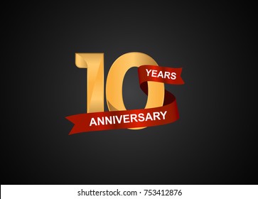 10 Years Anniversary Logotype With Elegance Gold Color And Warp Red Ribbon