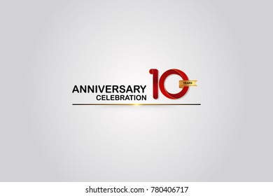  10 Years Anniversary Logotype with Elegant Red Color and Golden Ribbon Isolated on White Background