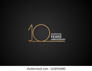 10 Years anniversary logotype with golden colored font numbers made of one connected line, isolated on black background for company celebration event, birthday