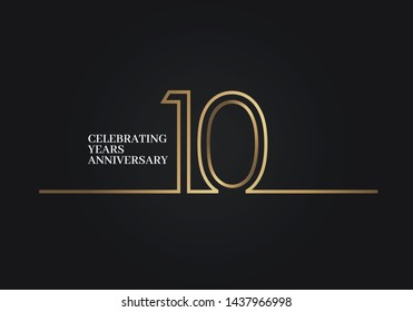 10 Years Anniversary logotype with golden colored font numbers made of one connected line, isolated on black background for company celebration event, birthday