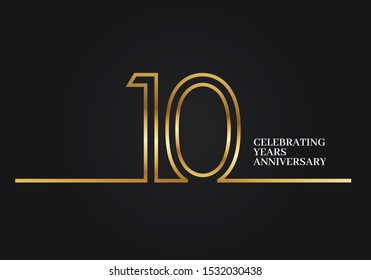 10 Years Anniversary logotype with golden colored font numbers made of one connected line, isolated on black background for company celebration event, birthday - Vector
