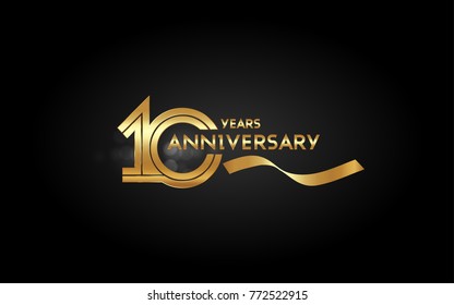 10 Years Anniversary Logotype with  Golden Multi Linear Number and Gold Ribbon, Isolated on Black Background