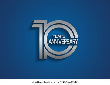 10 years anniversary logotype with linked multiple line silver color isolated on blue background for celebration event