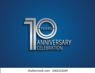 10 years anniversary logotype with multiple line silver color isolated on blue background for celebration event