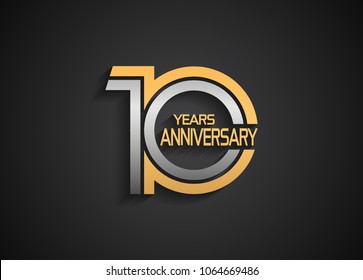 10 years anniversary logotype with multiple line silver and golden color isolated on black background for celebration event