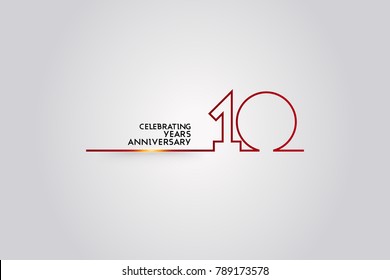 10 Years anniversary logotype with red colored  font numbers made of one  connected line, isolated on white background for company celebration event, birthday