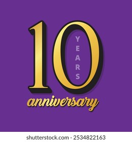 Logotipo de lujo del aniversario de 10 años sobre fondo púrpura. Tarjeta de felicitación moderna de la tipografía del décimo aniversario del color dorado, Anuncio, cartel. Décimo cumpleaños o invitación de boda.