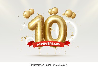10 Years Anniversary Of The Person's Birthday, Balloons In The Form Of Numbers Of The Year. Vector Illustration