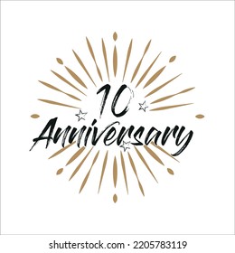 10 years anniversary retro vector emblem isolated template. Vintage logo 10th years with ribbon and fireworks on white background
