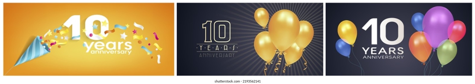 10 years anniversary set of vector icon, logo. Graphic background or cards for 10th anniversary birthday celebration