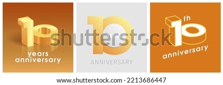 10 years anniversary set of  vector graphic icons, logos. Design elements with golden number on background for 10th anniversary