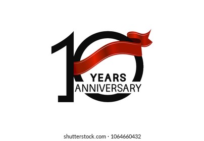 10 years anniversary simple logotype with black color with elegant red ribbon isolated on white background for celebration event