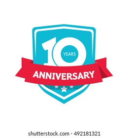 10 years anniversary sticker vector, blue color 10th anniversary party label with red ribbon, celebrating symbol with number ten isolated on white background
